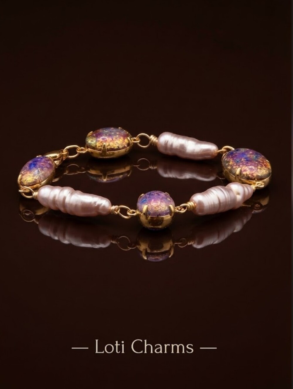 Pink Fire Opal Harlequin Glass & Pink Biwa Pearls In Cottagecore Rae Bracelet